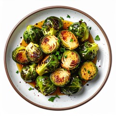 Aerial View of Roasted Brussel Sprouts on White Plate with Brown Rim