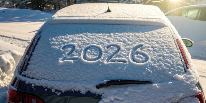New Year 2026 written on a snowy car window during a sunny winter day.