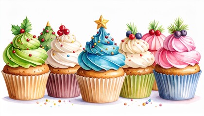 Colorful Christmas Cupcakes with Festive Decoration and White Background