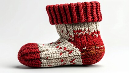 Knitted Christmas Stocking with Red and White Pattern Isolated on White Background