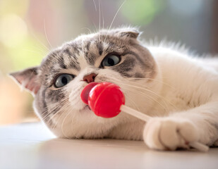 A cute and funny cat licking a red lollipop, showing playful expression and wide eyes. Great for candy, humor, and adorable animal themed projects.