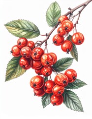 Vibrant Red Berries and Textured Green Leaves on a Branch Against White Backdrop
