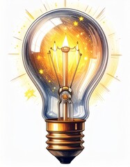 Detailed Lightbulb Illustration with Glowing Filament and Watercolor Texture on White Background