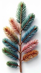 Colorful Pine Branch on White Background with Pastel Needles and Golden Stem