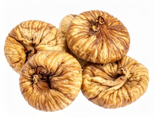 Pile of Dried Figs with Wrinkled Texture Against Plain White Background