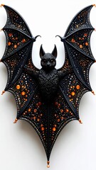 Ornate Bat Artwork with Black Beads and Orange Highlights on White Backdrop