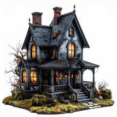 Moody Gray Victorian House with Glowing Windows and Overcast Lighting