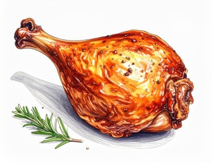 Crispy Golden Brown Roasted Chicken Leg with Rosemary Sprig on White
