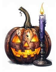 Orange Carved Pumpkin with Glowing Face Beside Taper Candle Illustration