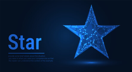 Low Poly Star Icon on Dark Blue Gradient Background. Minimalist, Geometric, and Modern Star Symbol for Digital Art, 3D Modeling, UI/UX, and Futuristic Graphics.