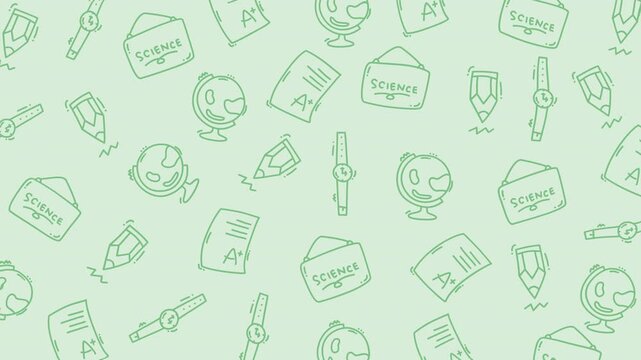 Science doodles on light green background, perfect for educational materials, presentations, and sciencethemed designs needing playful illustrations.