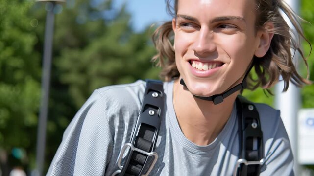 Happy young man with a disability riding a special bicycle. He is wearing a supportive exoskeleton for rehabilitation and physical therapy