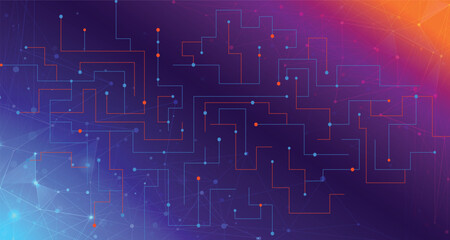 Abstract digital technology futuristic circuit blue purple orange background, Cyber science tech, Innovation communication future, Ai big data, internet network connection, Cloud hi-tech illustration