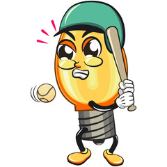 cute orange light bulb mascot cartoon character isolated vector illustration playing baseball ready to hit the ball with the bat, work of hand drawn