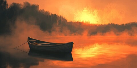 Boat is floating on a lake at sunset. The sky is orange and the water is calm