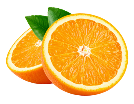 Ripe half of orange citrus fruit with leaf isolated on white background Full depth