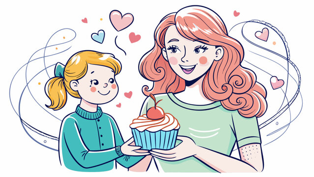 Very nice close up portrait Single continuous line drawing girl holding cupcake behind back and wants to give to mother. Thank you cake for beloved mother. National Give Someone a Cupcake Day. One  - Powered by Adobe