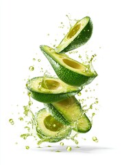 Avocado slices falling down and floating in the air with splash of fruit juice isolated on white background.