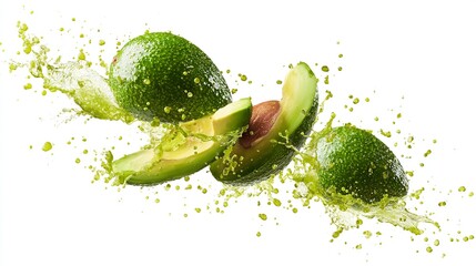 Avocado slices falling down and floating in the air with splash of fruit juice isolated on white background.
