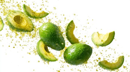 Avocado slices falling down and floating in the air with splash of fruit juice isolated on white background.