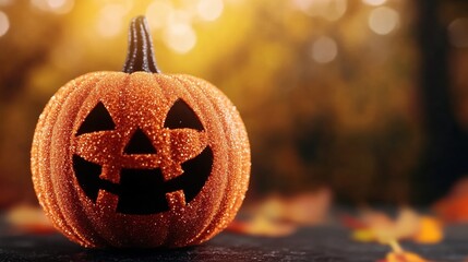 A vibrant jack o lantern disco ball shines in an outdoor Halloween party setting. Fall leaves surround it, adding to the festive atmosphere as night falls, creating excitement and joy