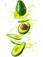 Avocado slices falling down and floating in the air with splash of fruit juice isolated on white background.