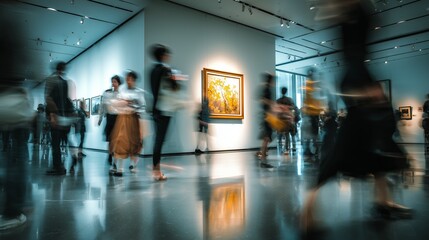 Blurred motion of people exploring a contemporary art gallery, highlighting the vibrant interaction between audience and art.