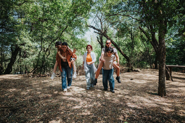 A group of friends sharing a playful moment in a sun-dappled forest. Two people carry others on...