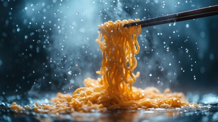 A steaming bowl of ramen noodles is lifted from the broth using chopsticks. The dish is rich with chicken and colorful vegetables, creating an enticing meal.