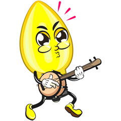 cute yellow light bulb mascot cartoon character isolated vector illustration playing the banjo musical instrumen, work of hand drawn