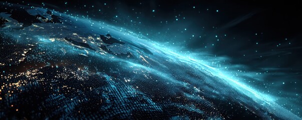 Digital depiction of Earth with glowing data points and vibrant energy streams
