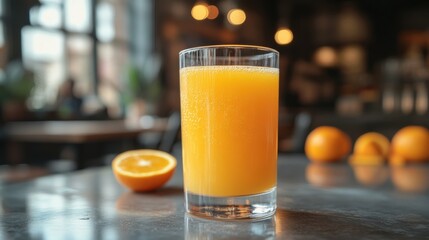 Refreshing orange juice served in a glass at a vibrant bar setting during a sunny afternoon