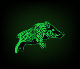 Obraz premium Striking neon green boar design with intricate tribal patterns and glowing effect. Perfect for gaming brands, esports teams, hunting clubs, or bold modern branding.