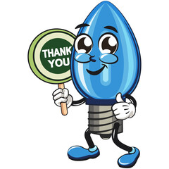 cute blue light bulb mascot cartoon character isolated vector illustration carrying a sign saying thank you, work of hand drawn
