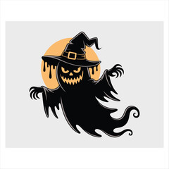 Spooky halloween ghost with witch hat and dripping goo silhouette