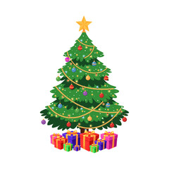 Festive Christmas Tree with Colorful Presents – Holiday Decoration with Ornaments, Lights, and Golden Star 