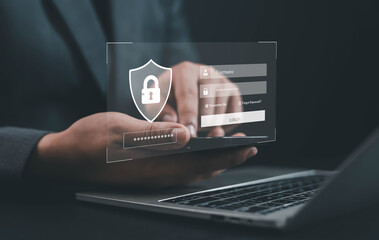 Cybersecurity and data protection concept showing a person using smartphone and laptop for secure login with digital lock icon and password interface, symbolizing online privacy and safe process.