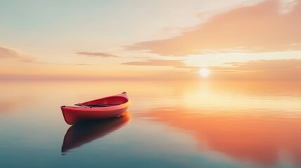 Red kayak sits in the water, reflecting the sun's rays. The scene is serene and peaceful, with the calm water and the warm colors of the sunset creating a sense of tranquility