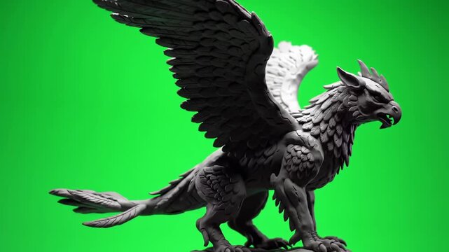 Majestic Gryphon Statue with Spread Wings Against a Vibrant Green Screen Background.