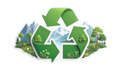 Green recycling symbol sticker, eco-friendly theme, clean vector style isolated on transparent or white backgrounds