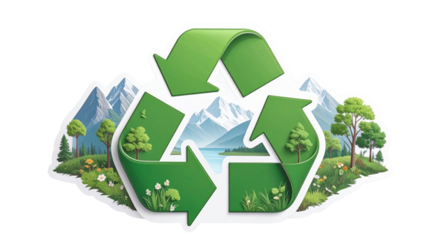 Green recycling symbol sticker, eco-friendly theme, clean vector style isolated on transparent or white backgrounds