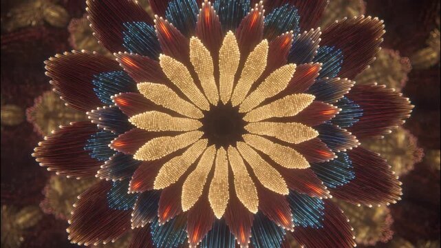 Glowing abstract flower with layered petals warm and cool tones creating mesmerizing light pattern and colorful bright radial