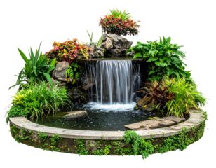 Natural rock fish pond with cascading waterfall isolated on transparent or white backgrounds
