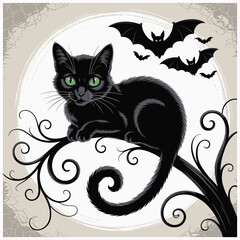 Black cat perched on a spooky tree branch under a full moon with bats silhouette