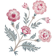 Baby Pink and Red Chintz Floral Motif on a White Transparent PNG Background - Flat Illustration © SushiKo