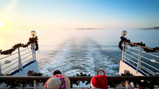 Watching sunrise on cruise deck. Senior couple sit side by side. Man wears santa hat and drinks coffee. Ship leaves ocean wake at dawn. Holiday travel mood feels relaxed and peaceful. Sunrise glows.