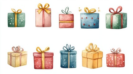 set of colorful gift boxes in watercolors