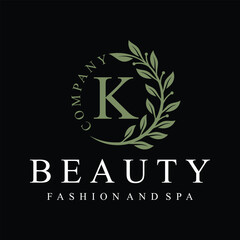Initial letter K green leaves natural organic logo design for to beauty fashion and spa design graphic