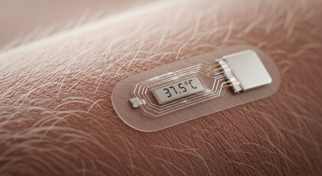 Futuristic wearable tech patch on human skin for health monitoring. This innovative sensor technology could one day monitor every animal on modern smart farm