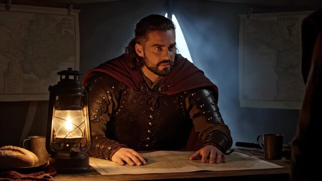 Studying map on wooden table. Medieval knight in armor and cloak leans over parchment. Lantern casts warm light across map and face. Tent interior shows wall map and rising smoke. Strategy planning.